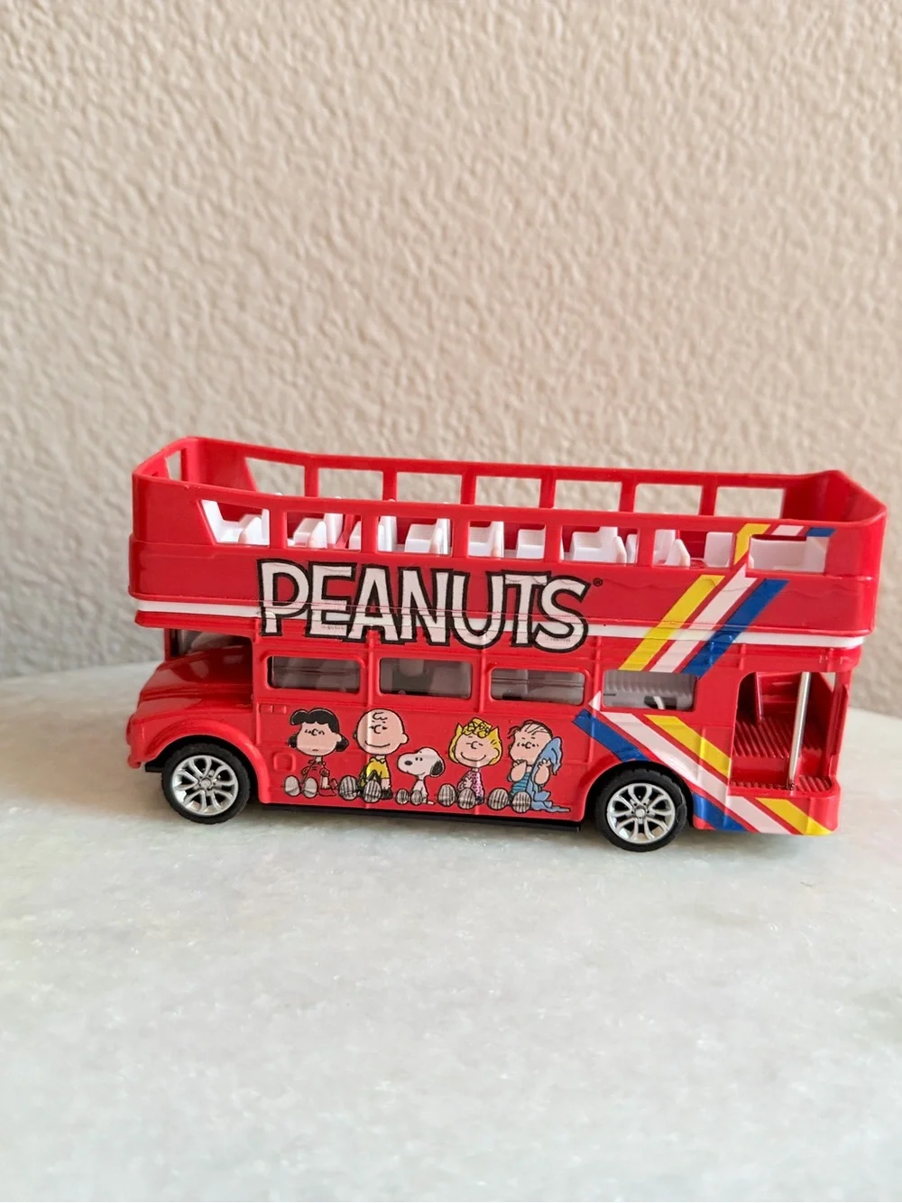 Peanuts Red Double-Decker Bus Toy with Character Graphics pull back